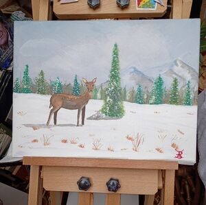 Winter Deer Landscape Canvas Wall Art - Brown and Green